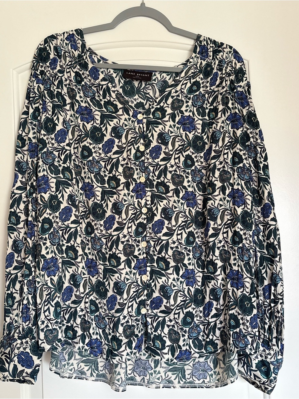 Lane Bryant White Floral Button-Front Blouse with Blue & Green Print